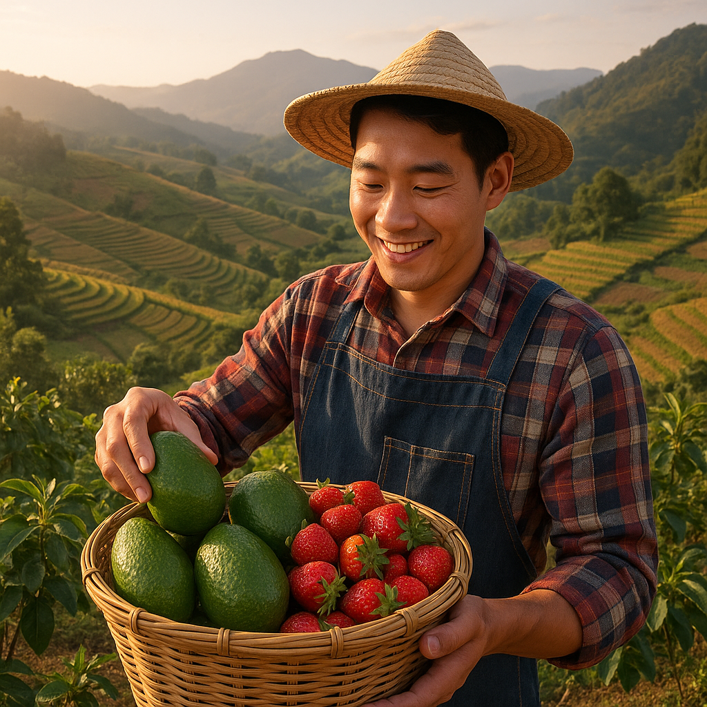 Thai farmer holding fresh produce in Chiang Mai at sunset